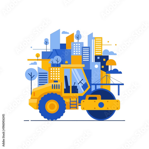 Urban Development With Heavy Construction Roller Machine Building Cityscape