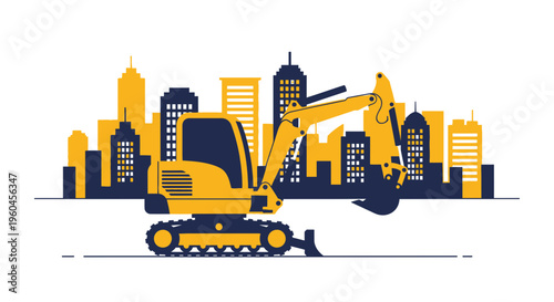 Urban Excavator Construction In City Skyline Silhouette