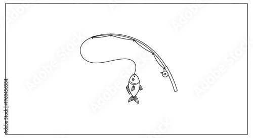 Minimalist line drawing of a fishing rod with a freshly caught fish hanging from the line