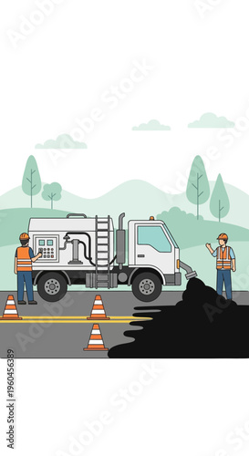 Road Construction Work With Specialized Truck and Workers Safety Gear