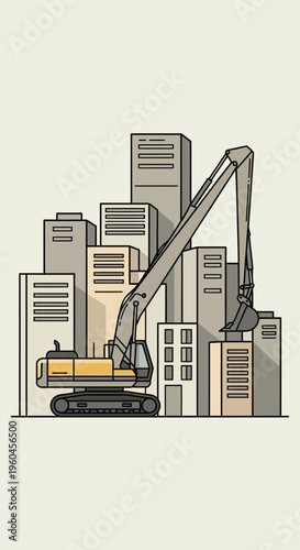 Urban Redevelopment Excavator Demolishing Old Buildings During City Skyline Construction