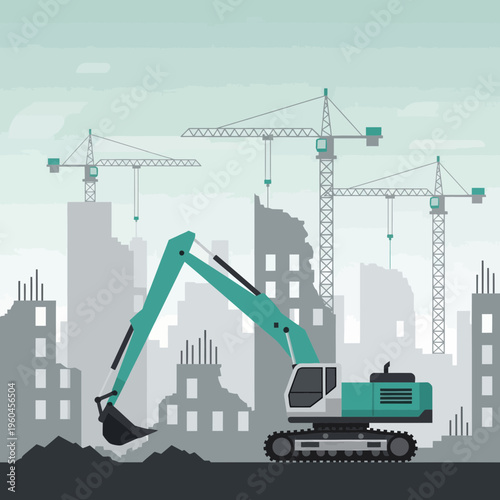 Urban Redevelopment Project Under Construction With Excavator And Cranes