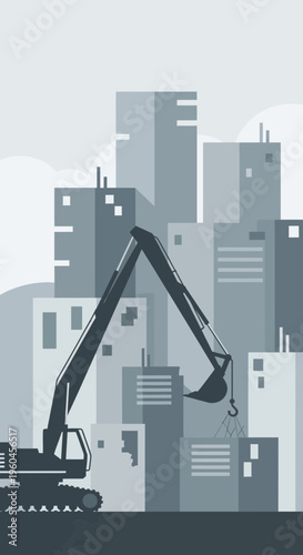 Urban Renewal Project Excavator Working on Cityscape Demolition Site