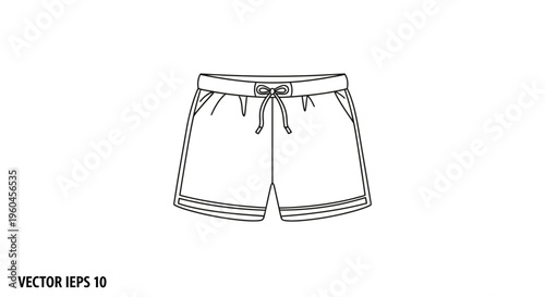 Minimalist outline vector drawing of casual athletic shorts with drawstring and pockets for design