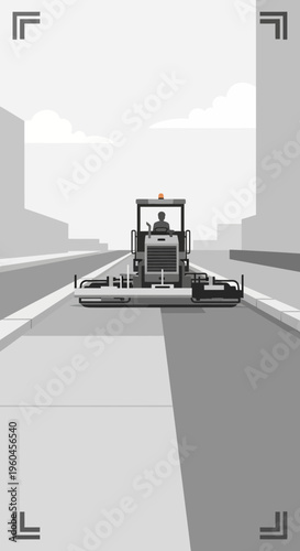 Urban Road Construction Paving Machine at Work Contemporary Cityscape Scene