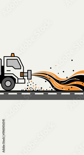 Street Sweeper Truck Cleaning Roadways With Industrial Equipment And Debris