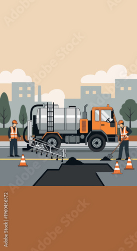 Urban Road Repair Work With Specialised Truck And Workers Maintenance Crew
