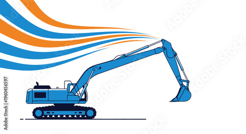 Striking Blue Excavator Machine With Energetic Orange Blue Waves