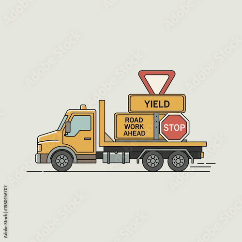 Utility Truck Transporting Road Safety Signage for Construction Projects