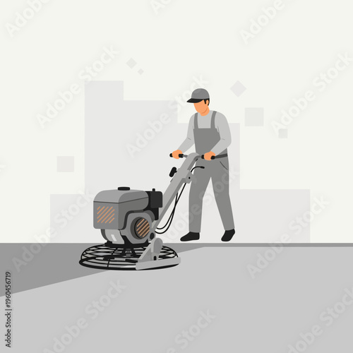 Skilled Worker Polishing Concrete Floor With Power Trowel Machine Professionally