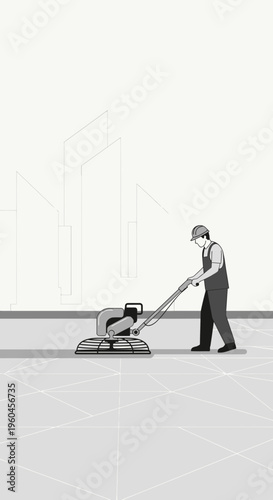 Skilled Worker Polishing Concrete Floor with Power Trowel Machine Construction Project Site