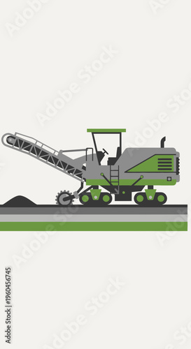 Road Milling Machine Operating On A Construction Site Flat Design Illustration