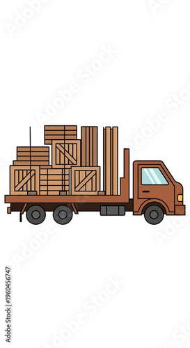 Vector Flat Design Truck Carrying Wooden Crates and Lumber for Delivery
