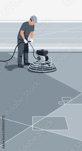 Skilled Worker Polishing Concrete Floor with Power Trowel Machine