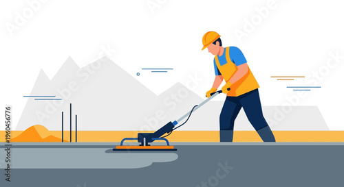 Skilled Worker Polishing Concrete Surface With Rotary Trowel Machine