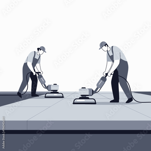 Skilled Workers Polishing Concrete Surfaces With Grinding Machines And Tools For Smooth Finish