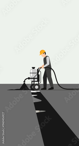 Road Repair Worker Applying Asphalt Sealant With Machine