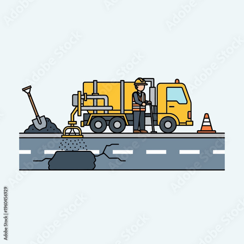 Road Repair Work With Specialized Truck and Worker Crew