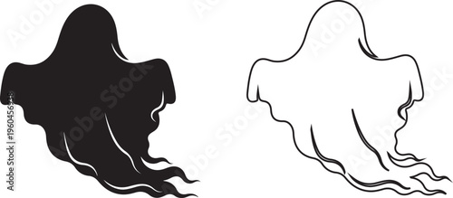 Ghost icons, spooky silhouettes, black and white illustrations, vector ghosts