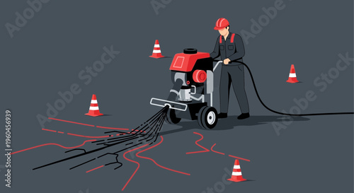 Road Repair Worker Operating Asphalt Sealing Equipment for Pavement Maintenance