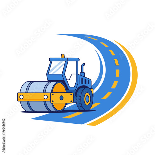 Road Roller Compacting Asphalt Creating New Highway Surface With Curves