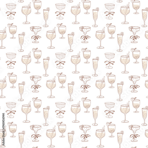 Stylish monochrome artwork with martini, cosmopolitan and fruit details. Seamless cocktail pattern for wedding cards, events and bar themed graphics.