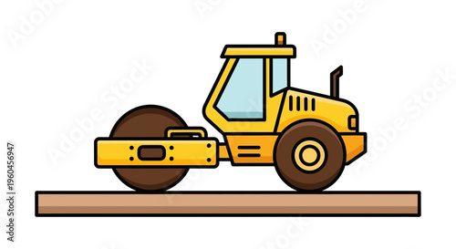 Vector Illustration Of A Yellow Steamroller Machine On A Construction Site