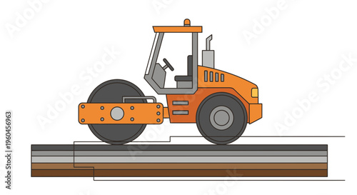 Road Roller Compacting Asphalt Layers During Construction Project