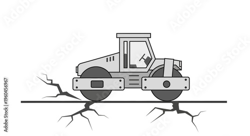 Road Roller Compacting Cracked Ground Surface