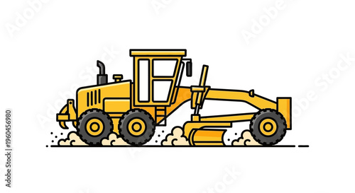 Vector Illustration Of Yellow Grader Working On Road Construction