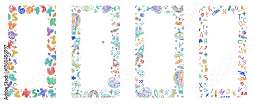 Sketchy hand drawn pencil lines form soft doodle frame. Kindergarten crayon frame perfect for school graphics and kids stories.