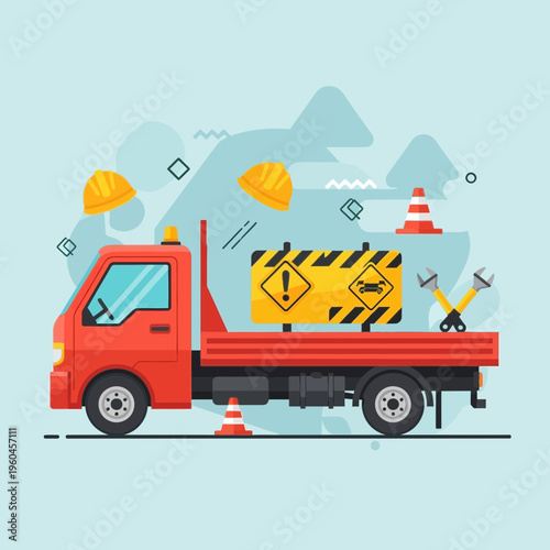 Roadside Assistance Tow Truck and Safety Equipment Flat Design