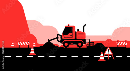 Roadwork Construction Excavator Operating Heavy Machinery On Asphalt