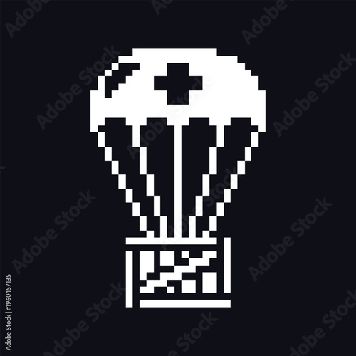Retro pixel art parachute icon in classic 8-bit style. Monochrome symbol representing supply drop, airdrop, or airborne delivery. Suitable for video game UI, battle royale games and survival games