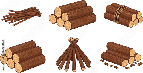 Firewood bundle and stacked timber logs vector illustration set featuring wooden sticks, tied branches, campfire wood piles isolated background