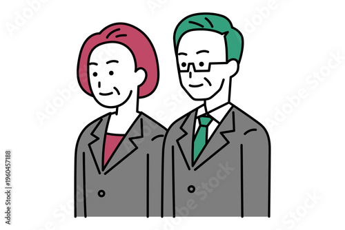 まっすぐ前を向いている中年のスーツの男女