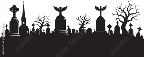 Black silhouette cemetery landscape, spooky graveyard scene, Halloween vector background, creepy tombstones and trees