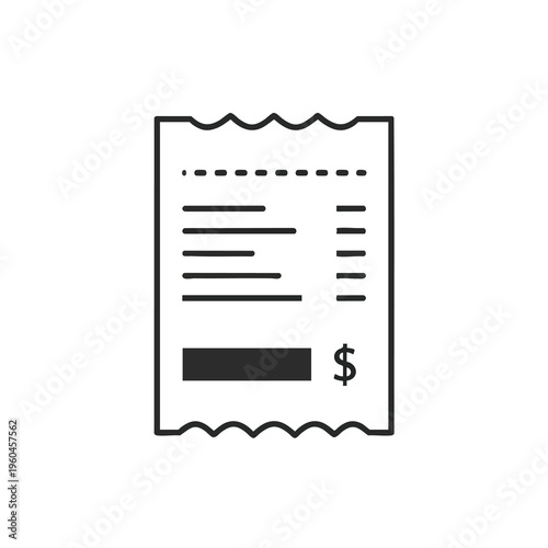 Icon depicting a stylized bill with dashed lines, text, and a dollar sign