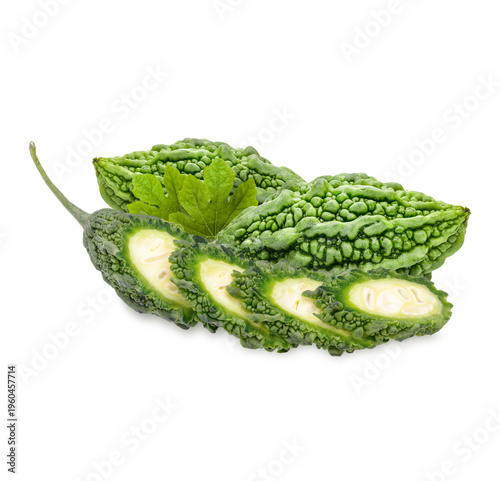 Bitter gourd with leaves isolated on white background