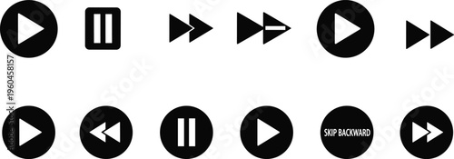 Media player control buttons vector set featuring play, pause, rewind, fast forward and skip icons for audio video interfaces