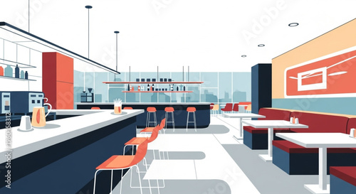A bright and airy illustration of a contemporary diner or bar with a long counter, orange chairs, and a city skyline view through large windows.