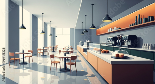 A spacious modern coffee shop interior with wooden accents, multiple round tables, pendant lighting, and a display counter for pastries.