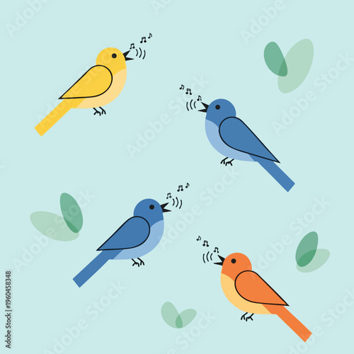 Four colorful birds singing melodically with music notes and sound waves