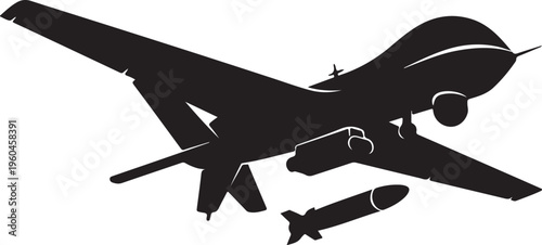 Military drone, combat aircraft, missile launcher, black silhouette vector