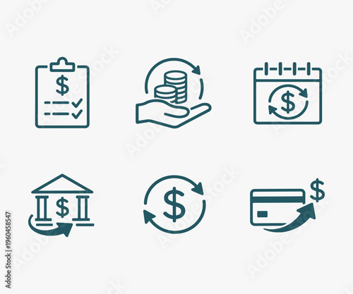 A set of Repayment icons focuses on simplicity, elegance, and ease of recognition. Vector Sign for Logos, Labels, and Icons.