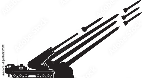 Black missile launcher truck, military vehicle icon, rocket launch system, silhouette illustration