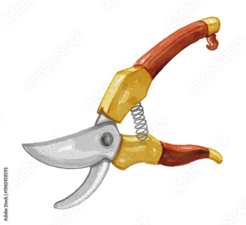 Watercolor garden pruning shears isolated on white background