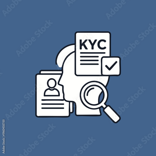 Icon depicting KYC process person profile, document, magnifying glass, checkmark
