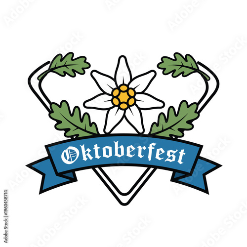 Traditional Bavarian Oktoberfest festival vector illustration with edelweiss and oak leaves