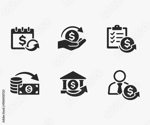 A set of Repayment icons focuses on simplicity, elegance, and ease of recognition. Vector Sign for Logos, Labels, and Icons.